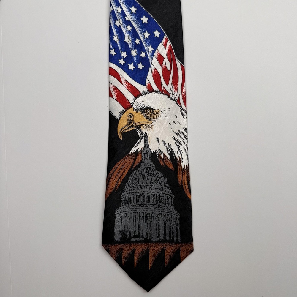 Dino Romano Tie Mens One Size Patriotic Bald Eagle American Flag Capitol 57x3.5"